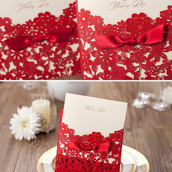 Charming red and white laser cut wedding invitations with cute bow ribbons LC025_5