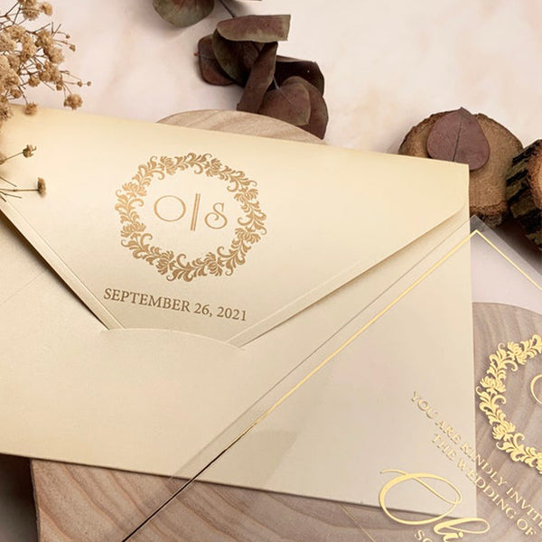 Charming Clear Acrylic wedding invitation with Gold Foil A001