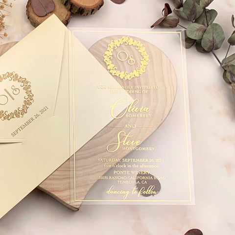 Charming Clear Acrylic wedding invitation with Gold Foil A001