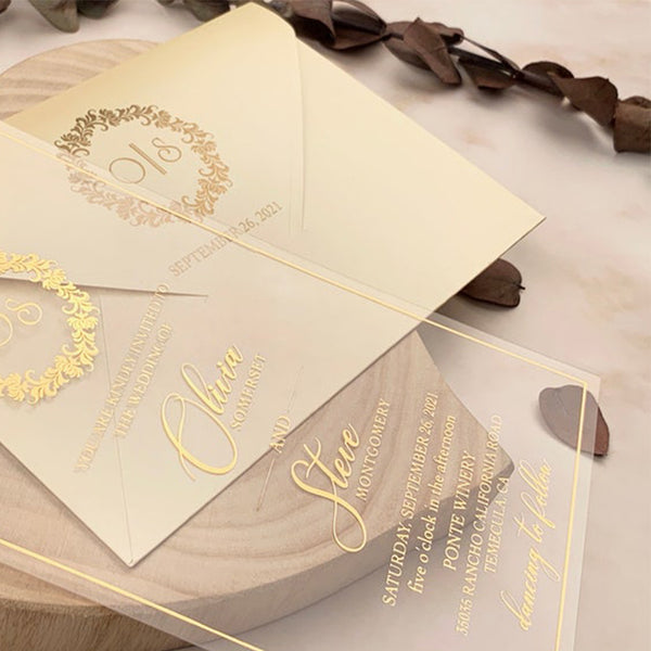 Charming Clear Acrylic Wedding Invitation with Gold Foil A001