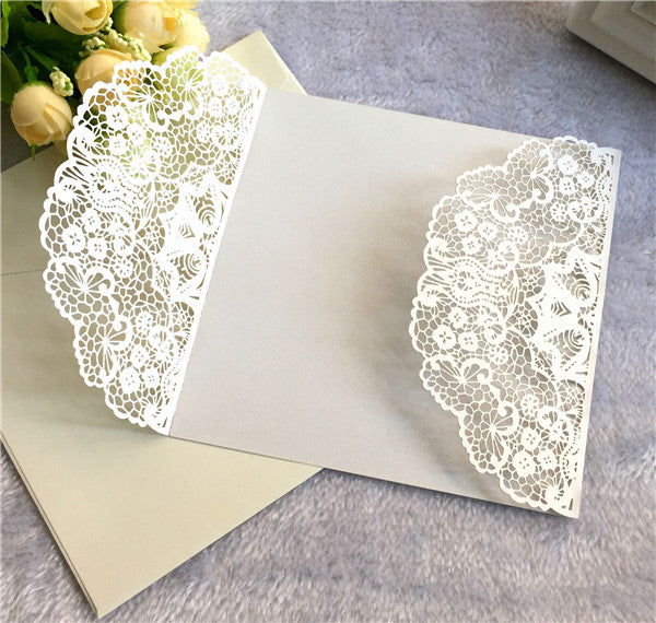 Cheap chic modern white laser cut wedding invitations with gold inner cards LC057_3