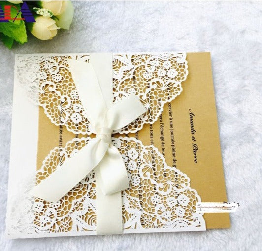 Cheap chic modern white laser cut wedding invitations with gold inner cards LC057_4