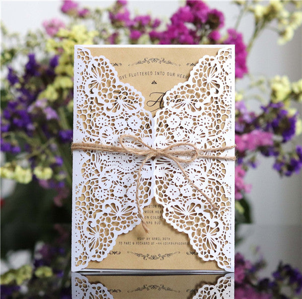 Cheap customized lace laser cut wedding invitations with hemp cord LC065_1