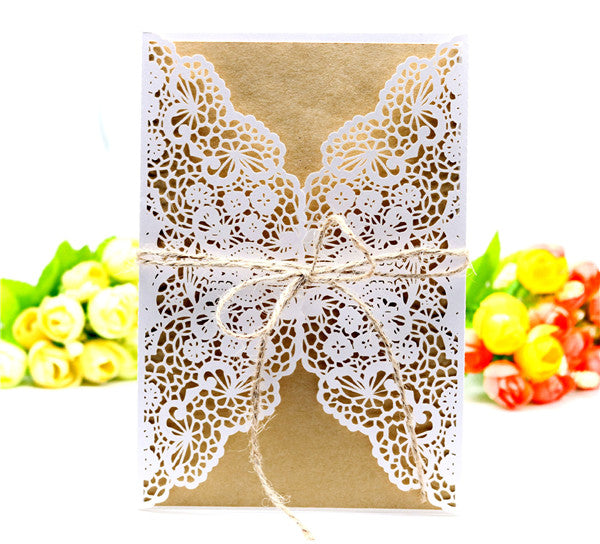 Cheap customized lace laser cut wedding invitations with hemp cord LC065_2