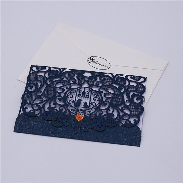 Cheap modern dark blue laser cut wedding invitations with love birds LC036_2