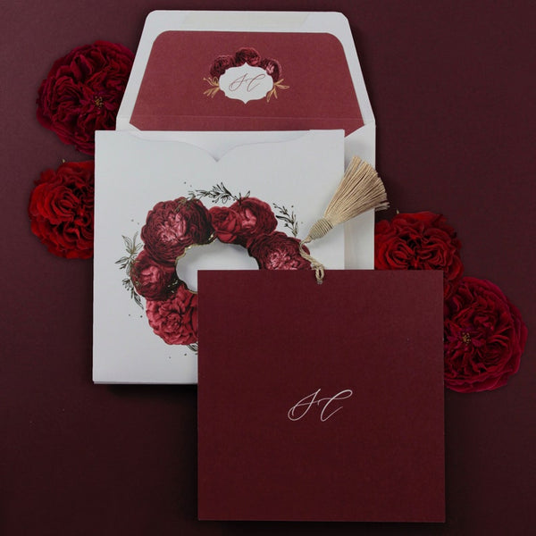 Chic Burgundy Floral Tassel Wedding Invitations (2)