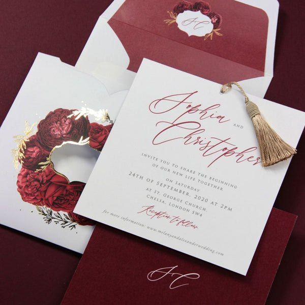 Chic Burgundy Floral Tassel Wedding Invitations (3)