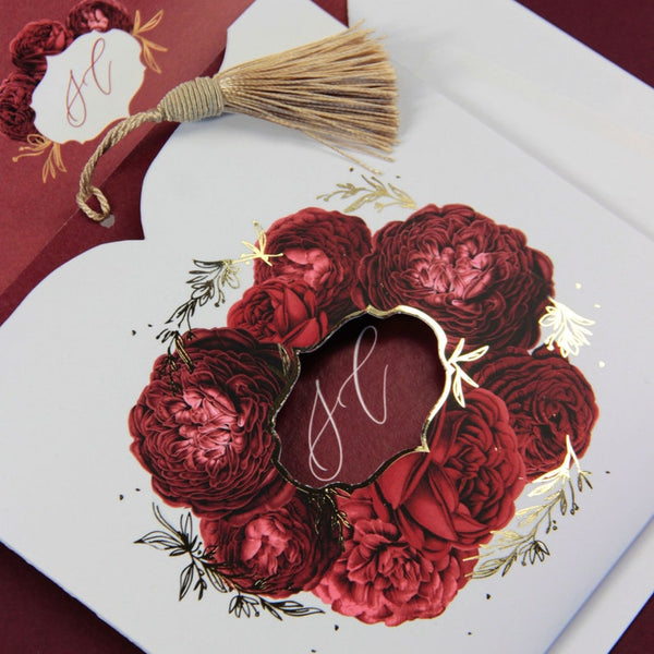 Chic Burgundy Floral Tassel Wedding Invitations (4)