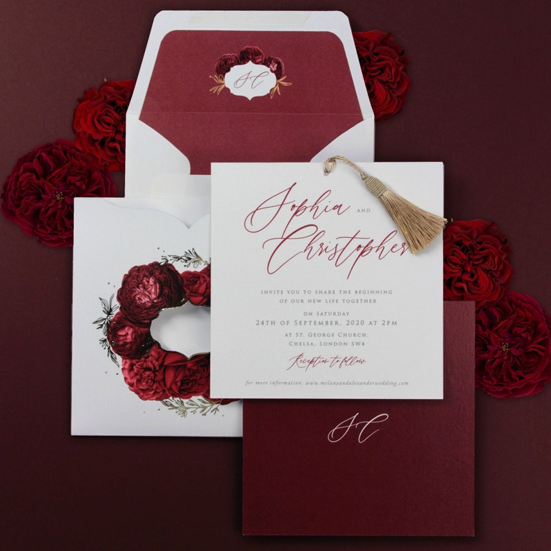 Chic Burgundy Floral Tassel Wedding Invitations (5)