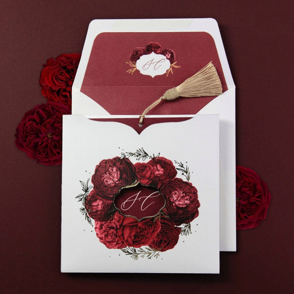 Chic Burgundy Floral Tassel Wedding Invitations