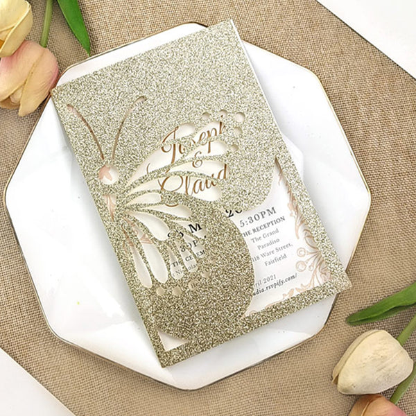 Chic Champagne Gold Glittery Laser Cut Wedding Invitations with Butterfly Designs Lcz084 (2)