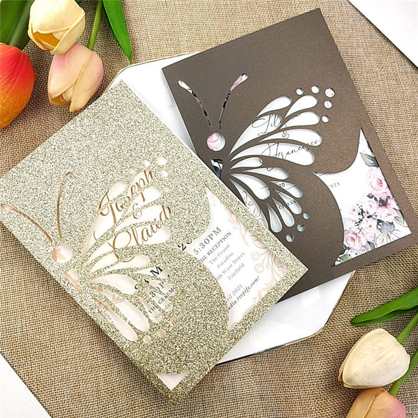 Chic Champagne Gold Glittery Laser Cut Wedding Invitations with Butterfly Designs Lcz084 (3)