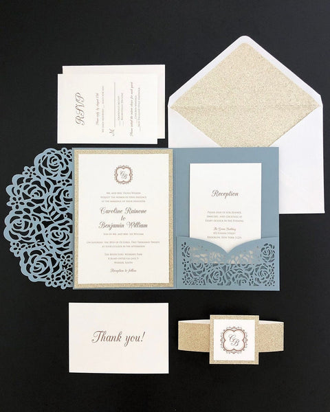 Chic Dusty Blue and Glitter Gold Elegant Laser Cut Wedding Invitation (1)