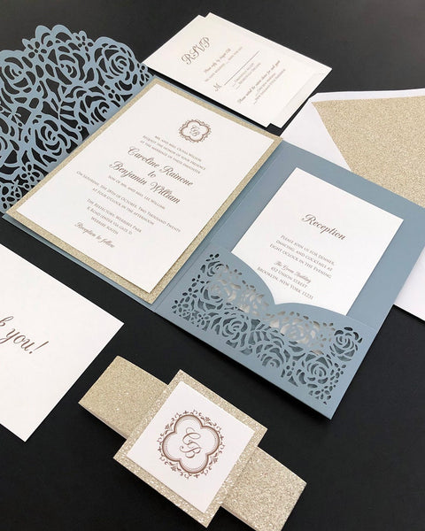 Chic Dusty Blue and Glitter Gold Elegant Laser Cut Wedding Invitation (3)