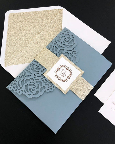 Chic Dusty Blue and Glitter Gold Elegant Laser Cut Wedding Invitation(1)