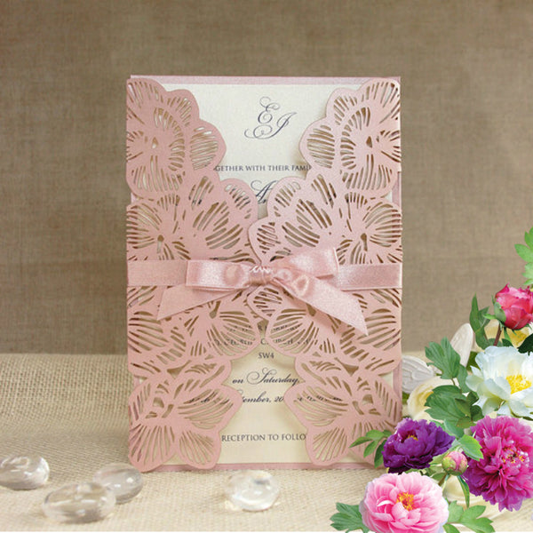 Chic Pink Laser Cut Wedding Invitations with Matching Ribbons Lcz035 (1)