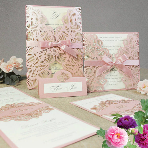 Chic Pink Laser Cut Wedding Invitations with Matching Ribbons Lcz035 (2)