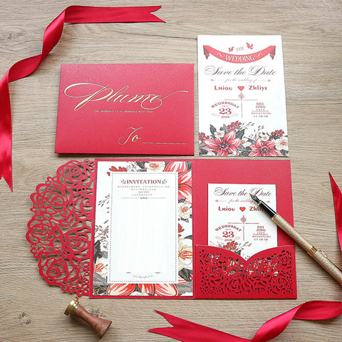 Chic Red Laser Cut Pocket Wedding invitations with Floral Design Lcz028 (1)