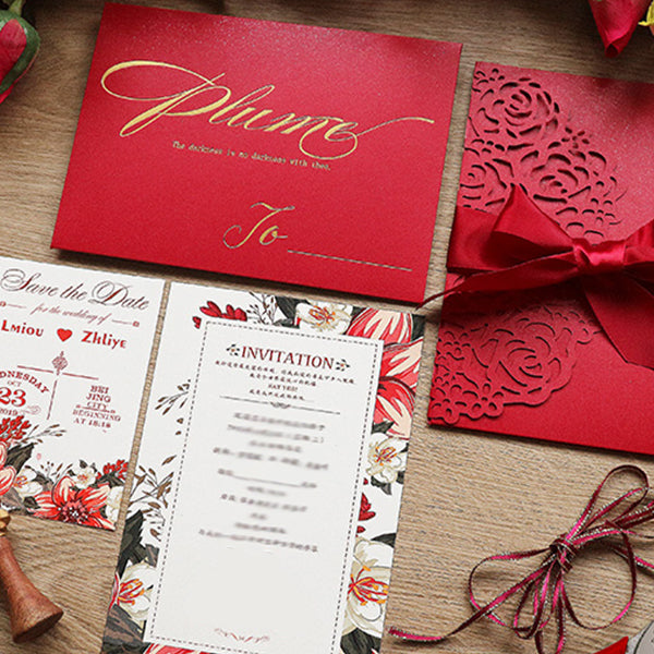 Chic Red Laser Cut Pocket Wedding invitations with Floral Design Lcz028 (2)