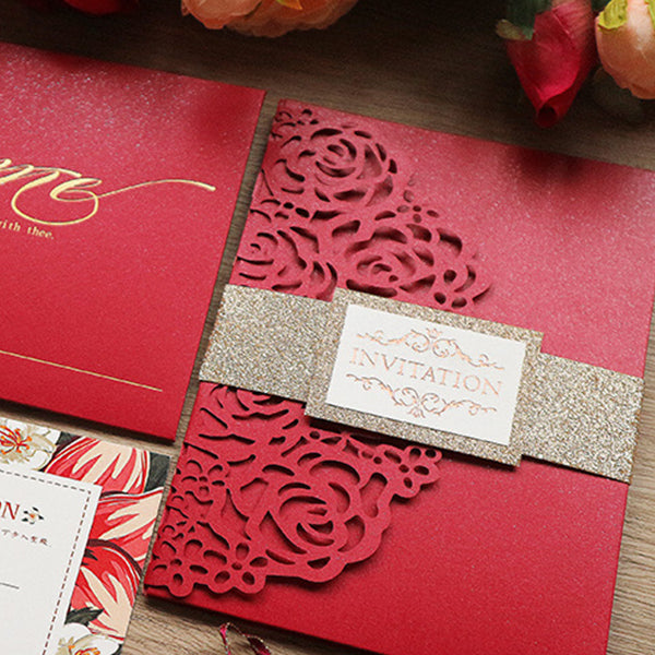 Chic Red Laser Cut Pocket Wedding invitations with Floral Design Lcz028 (3)