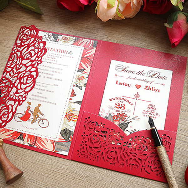 Chic Red Laser Cut Pocket Wedding invitations with Floral Design Lcz028 (4)