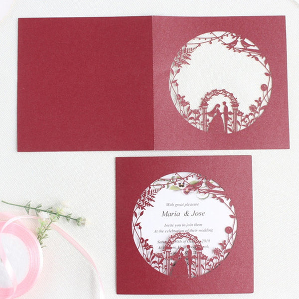 Chic Square Red Laser Cut Wedding Invitation with pocket (2)