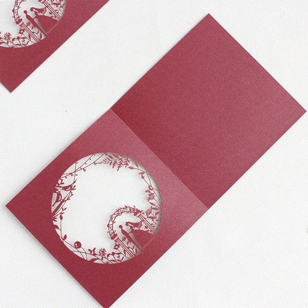 Chic Square Red Laser Cut Wedding Invitation with pocket (3)