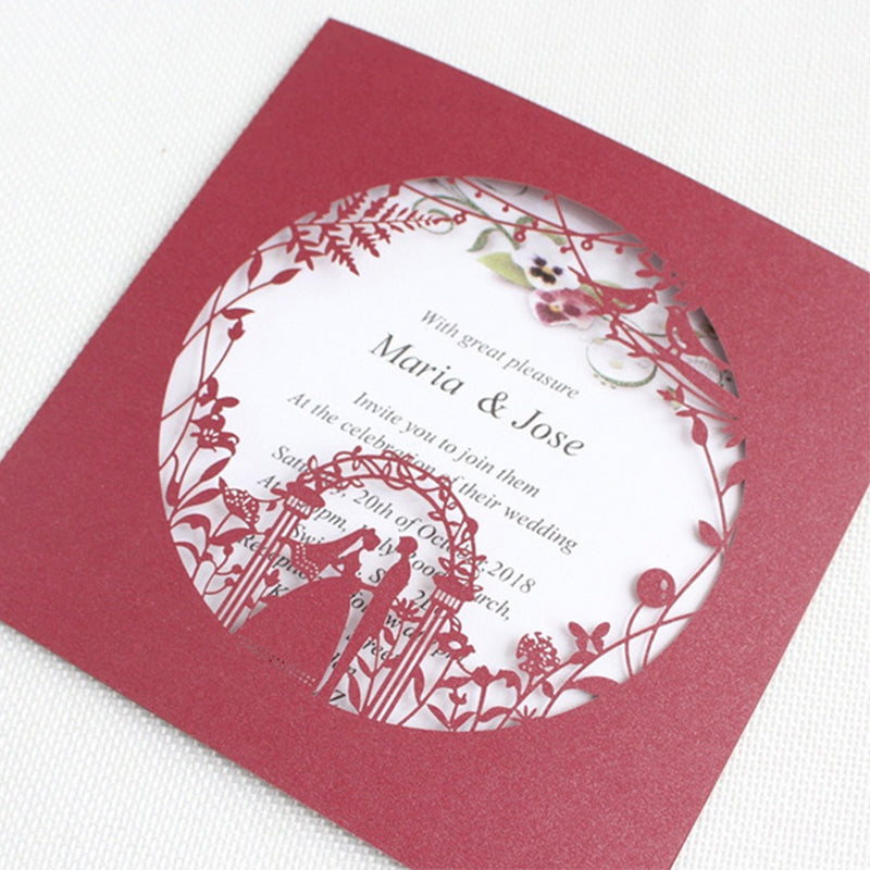 Chic Square Red Laser Cut Wedding Invitation with pocket