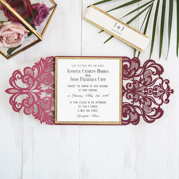 Chic and Classic Lasercut Burgundy Invitation With Belly Band, Gold glitter (2)