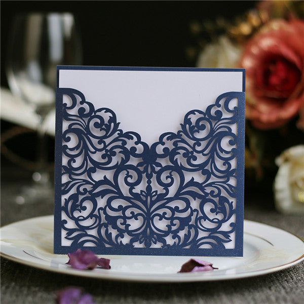 Chic and modern navy blue laser cut wedding invitations with white inner cards LC052_1