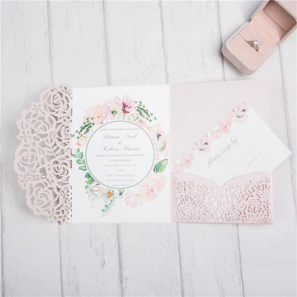 Classic Blush Pink Laser Cut Wedding Invitations with Adorable Round Greenery Design Lcz092 (1)