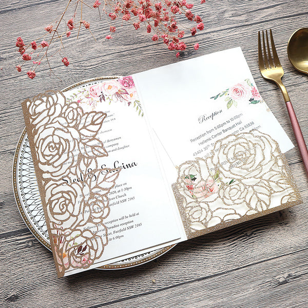 Classic Champagne Gold Glittery Laser Cut Wedding Invitations with Floral Design Lcz078 (1)