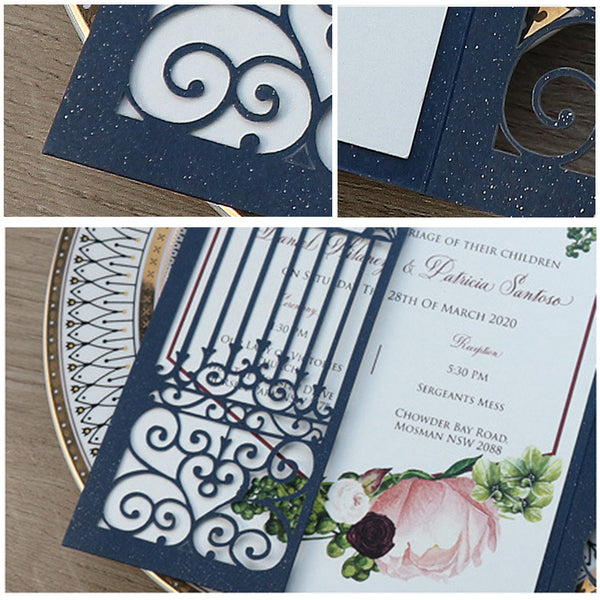 Classic Navy Blue Shimmer Laser Cut Wedding Invitations with Greenery Designs Lcz050 (3)