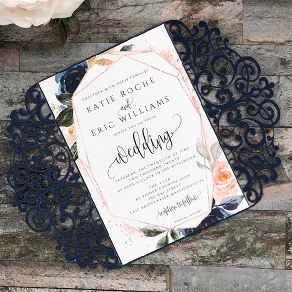 Classic Navy and Pink Laser Cut Wedding Invitations with Ribbon Belly Band Lcz062 (1)