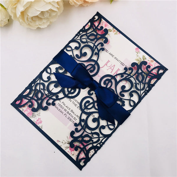 Classic Navy and Pink Laser Cut Wedding Invitations with Ribbon Belly Band Lcz062 (4)