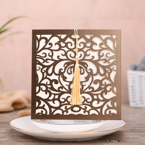 Classic Square Brown Laser Cut Wedding Invitations with Yellow Tassel Lcz106 (1)