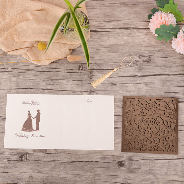 Classic Square Brown Laser Cut Wedding Invitations with Yellow Tassel Lcz106 (2)