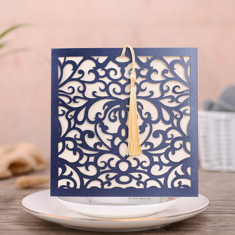 Classic Square Navy Blue Laser Cut Wedding Invitations with Yellow Tassel Lcz104 (1)