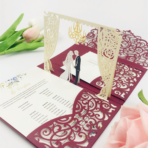 Creative Pop up Burgundy Laser Cut Wedding Invitations with Pockets and Arch Lcz047 (1)