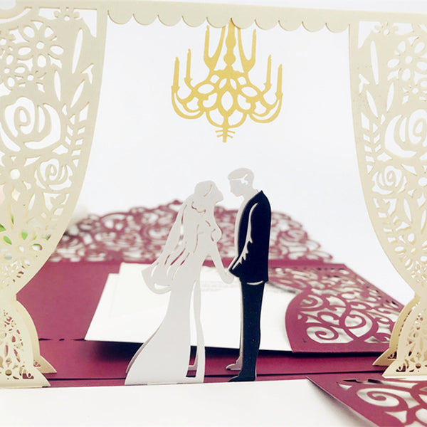 Creative Pop up Burgundy Laser Cut Wedding Invitations with Pockets and Arch Lcz047 (2)
