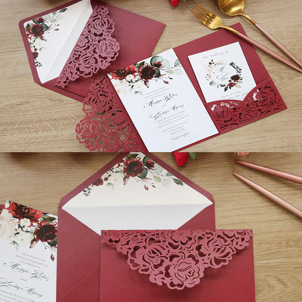 Customizable Burgundy White Laser Cut Wedding Invitations with Pocket and Floral Pattern Lcz082 (2)