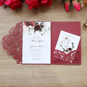 Customizable Burgundy White Laser Cut Wedding Invitations with Pocket and Floral Pattern Lcz082 (3)
