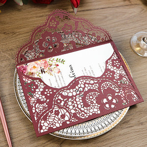 Delicate Burgundy Pocket Laser Cut Wedding Invitations with Carved Pattern Lcz039 (1)