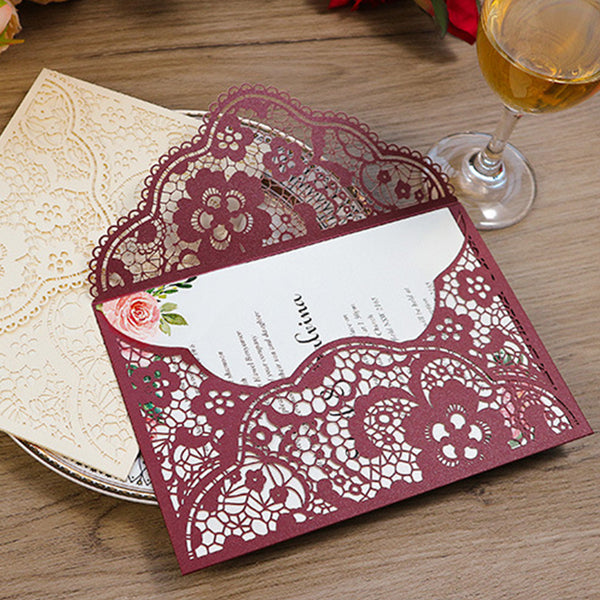 Delicate Burgundy Pocket Laser Cut Wedding Invitations with Carved Pattern Lcz039 (4)