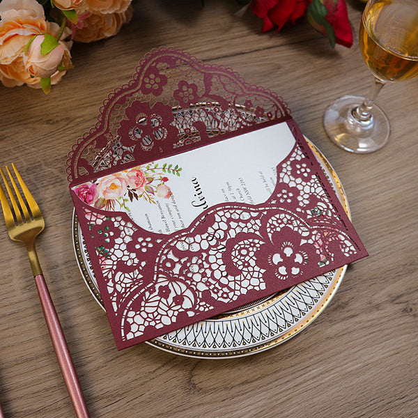 Delicate Burgundy Pocket Laser Cut Wedding Invitations with Carved Pattern Lcz039 (5)
