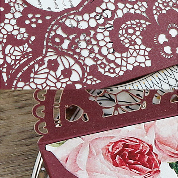 Delicate Burgundy Pocket Laser Cut Wedding Invitations with Carved Pattern Lcz039 (6)
