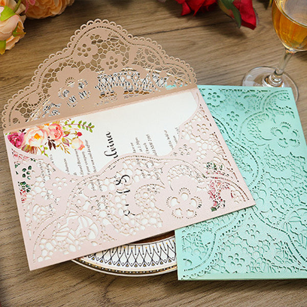 Delicate Pink Pocket Laser Cut Wedding Invitations with Carved Pattern Lcz041 (2)