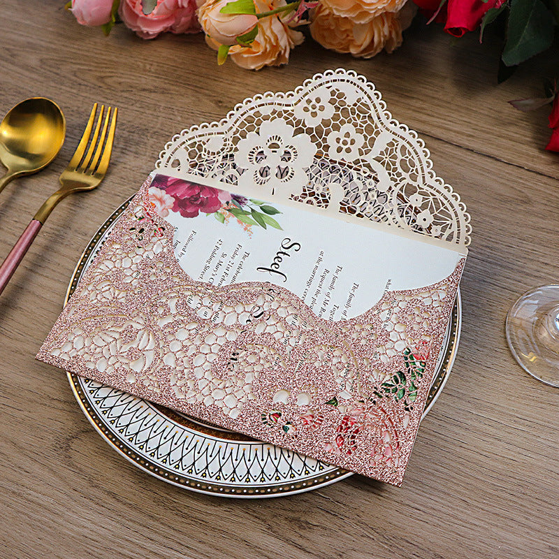 Delicate Rose Gold Glittery Pocket Laser Cut Wedding Invitations with Carved Pattern Lcz042 (1)