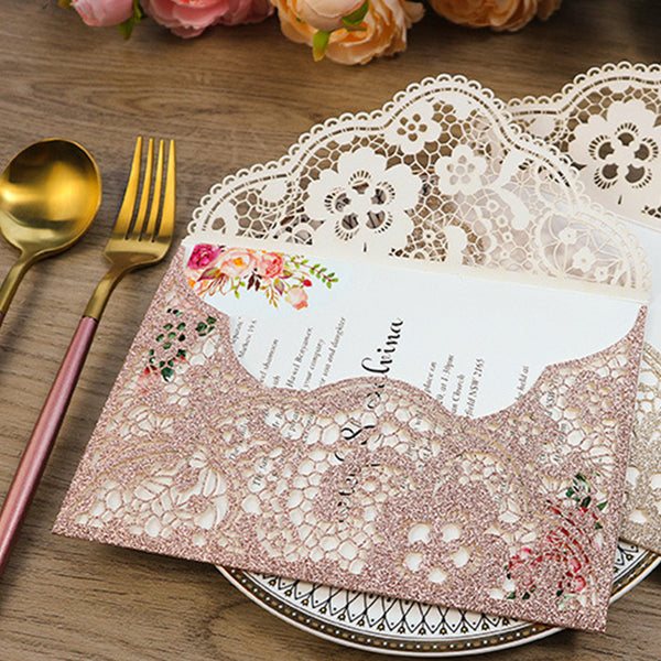 Delicate Rose Gold Glittery Pocket Laser Cut Wedding Invitations with Carved Pattern Lcz042 (2)