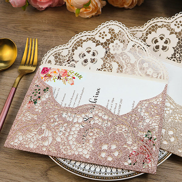 Delicate Rose Gold Glittery Pocket Laser Cut Wedding Invitations with Carved Pattern Lcz042 (3)